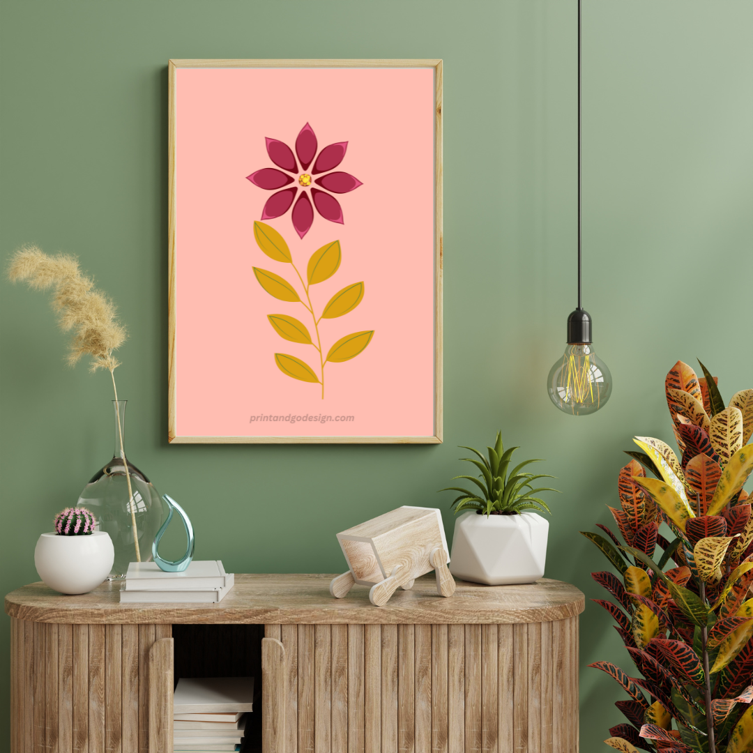Printable flower wall art in yellow red green tones. Modern print for any room decor.