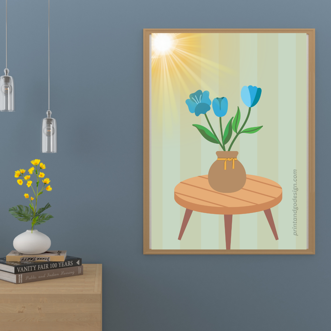 Printable flower wall art in blue brown tones in a Vase. Modern print for any room decor.