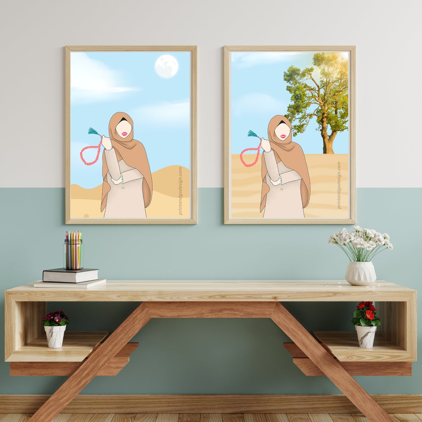 Beautiful Hijab Wall Art print- set of 2- multi tones, modern print for any room decor