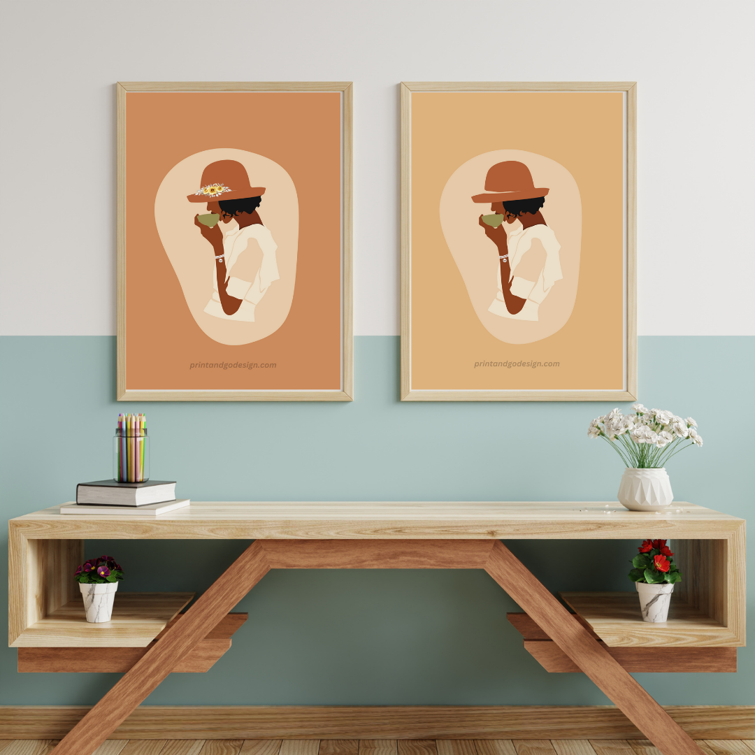 Beautiful Black Woman wall art print - set of 3- in brown beige tones. Modern print for any room decor