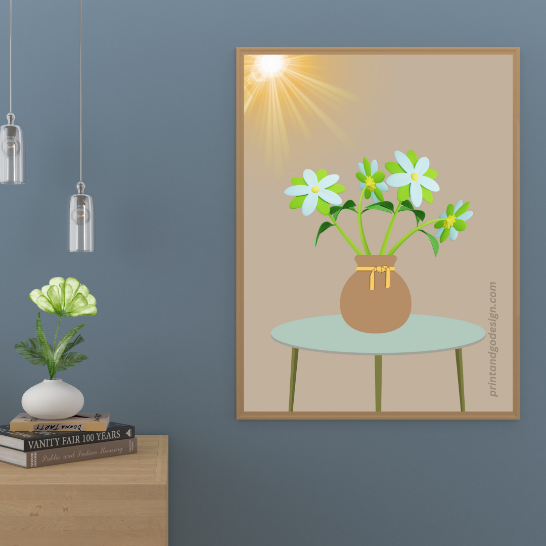 Printable flower wall art in brown green tones in a Vase. Modern print for any room decor.