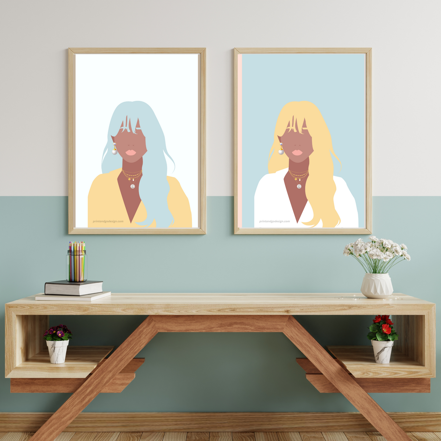 Beautiful Black Woman wall art print - set of 2- in multi tones. Modern print for any room decor