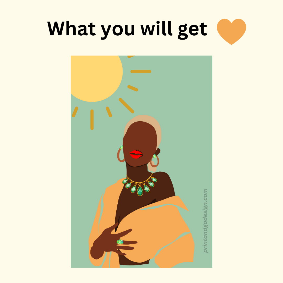 Beautiful Black Woman wall art print in green orange tones. Modern print for any room decor