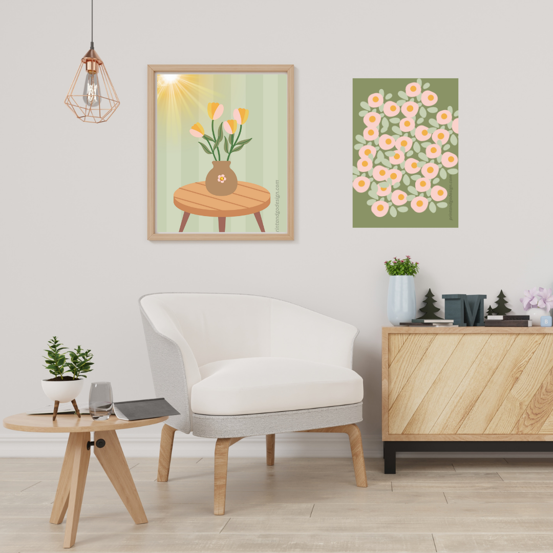 Printable flower wall art in green brown tones in a Vase. Modern print for any room decor.