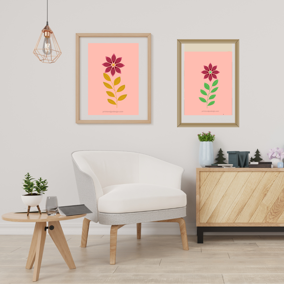 Printable flower wall art in yellow red green tones. Modern print for any room decor.
