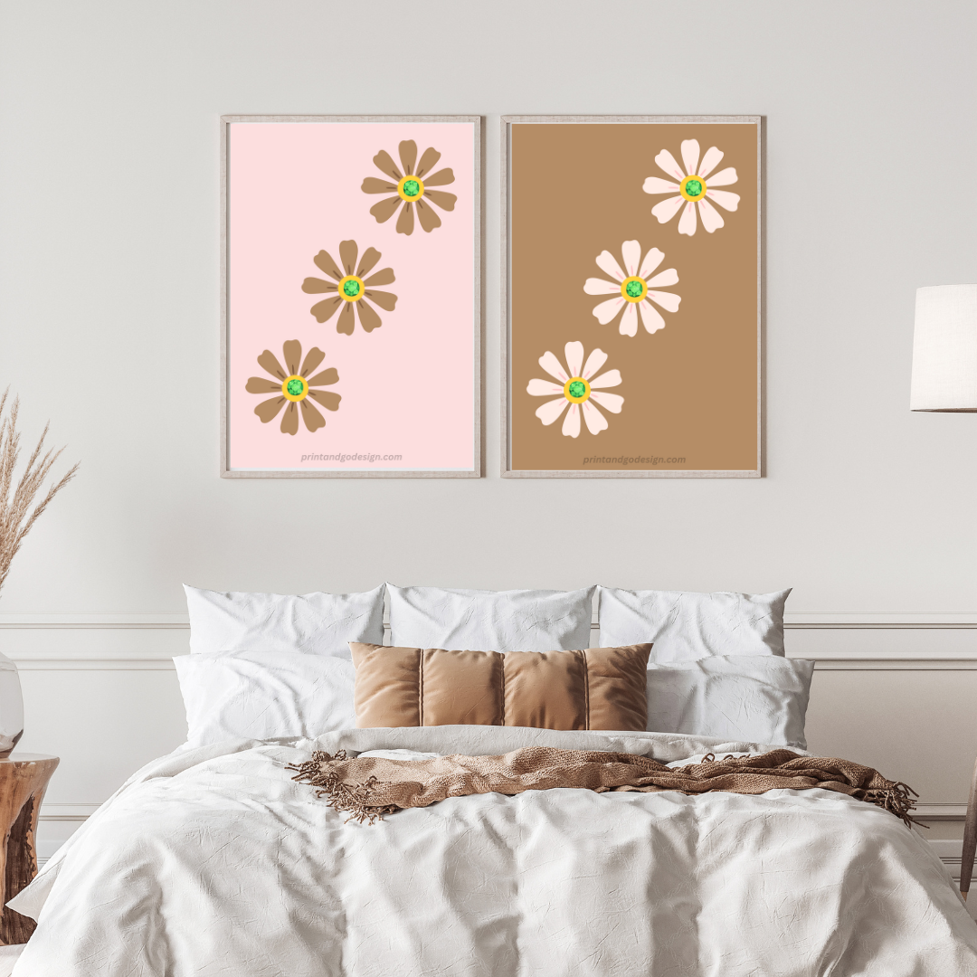 Printable flower wall art in brown pink yellow tones. Modern print for any room decor.