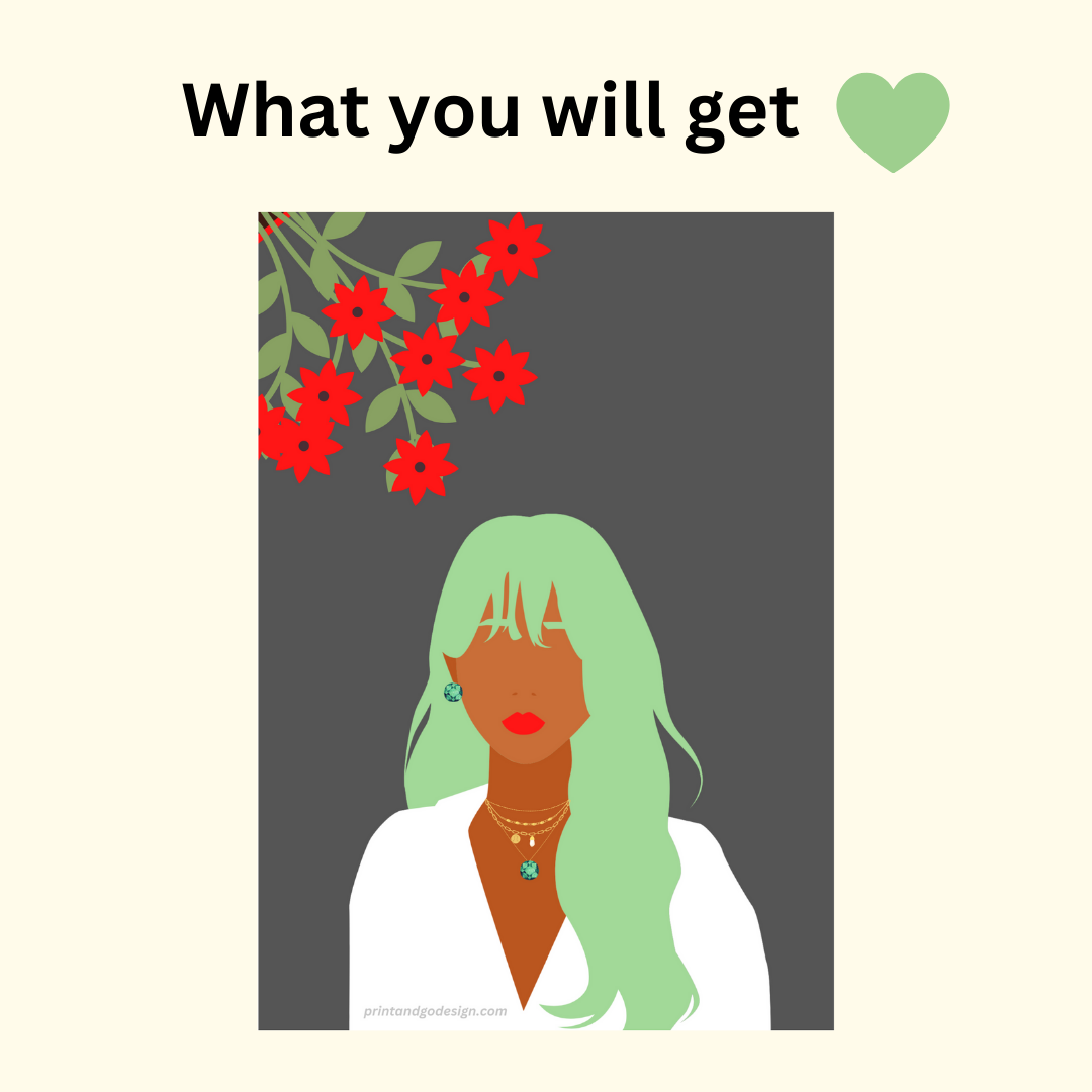 Beautiful Black Woman wall art print in white green tones. Modern print for any room decor