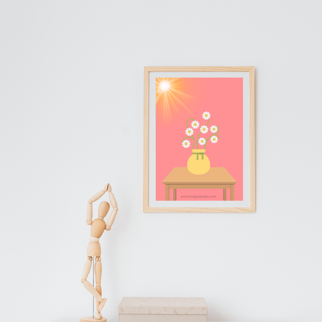 Printable flower wall art in yellow pink tones in a Vase. Modern print for any room decor.