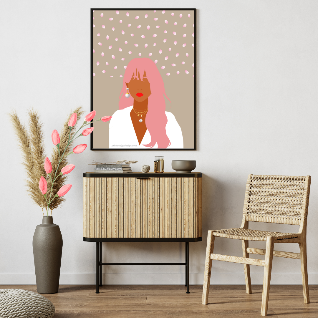Beautiful Black Woman wall art print in pink beige tones. Modern print for any room decor