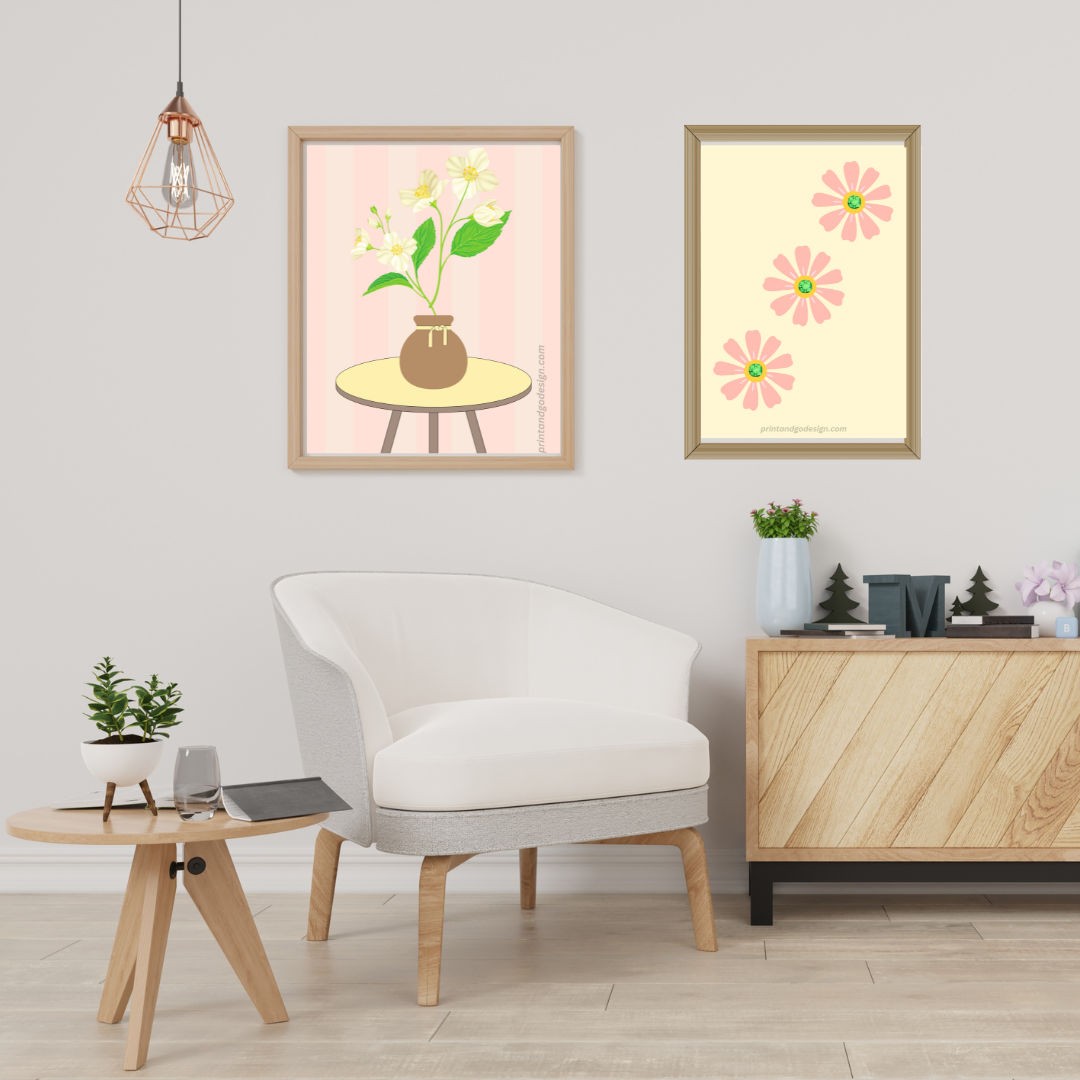 Printable flower wall art in yellow pink tones in a Vase. Modern print for any room decor.