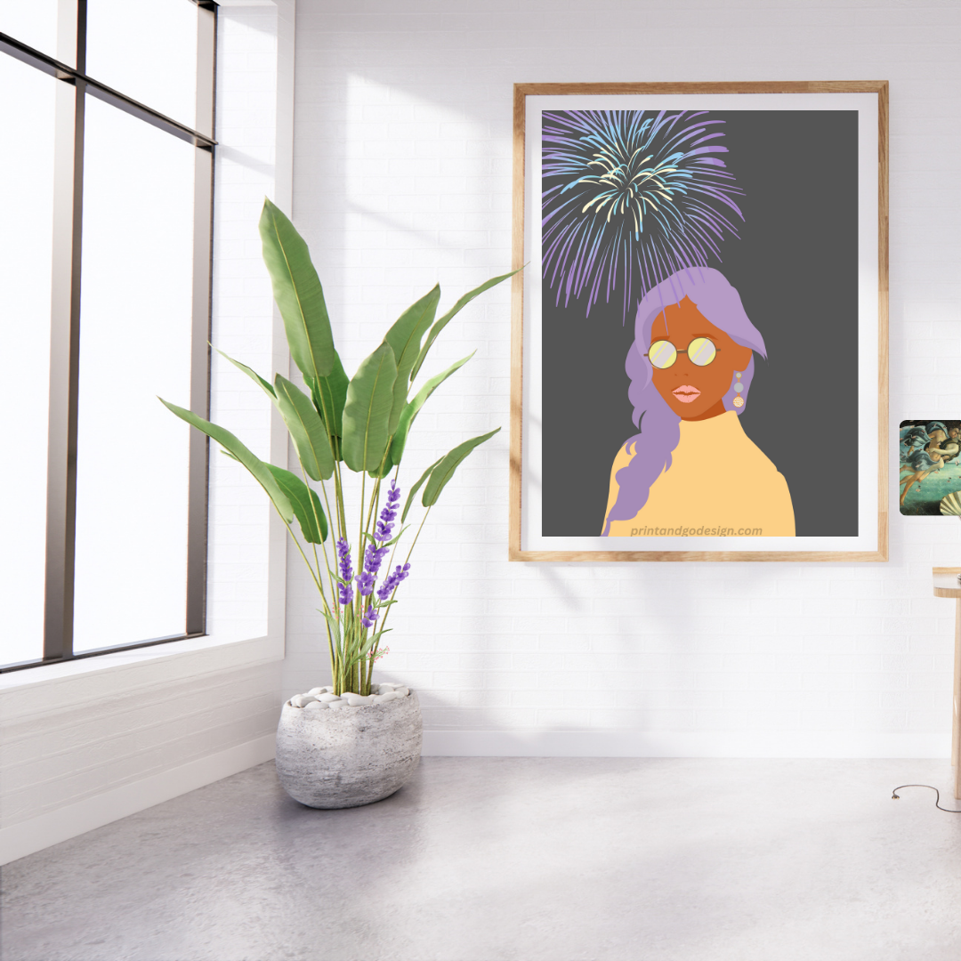 Beautiful Black Woman wall art print in grey yellow tones. Modern print for any room decor