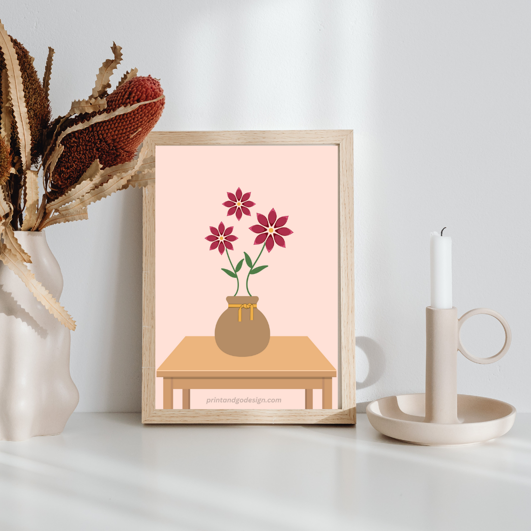 Printable flower wall art in red brown tones in a Vase. Modern print for any room decor.