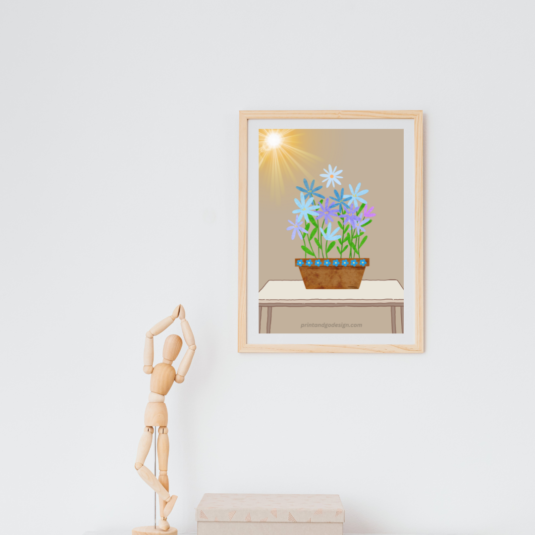 Printable flower wall art in blue beige tones in a pot. Modern print for any room decor.