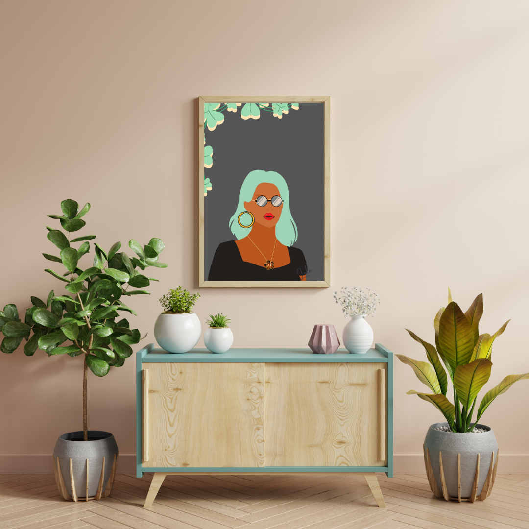 Beautiful Black Woman wall art print - set of 2 - in grey green tones. Modern print for any room decor