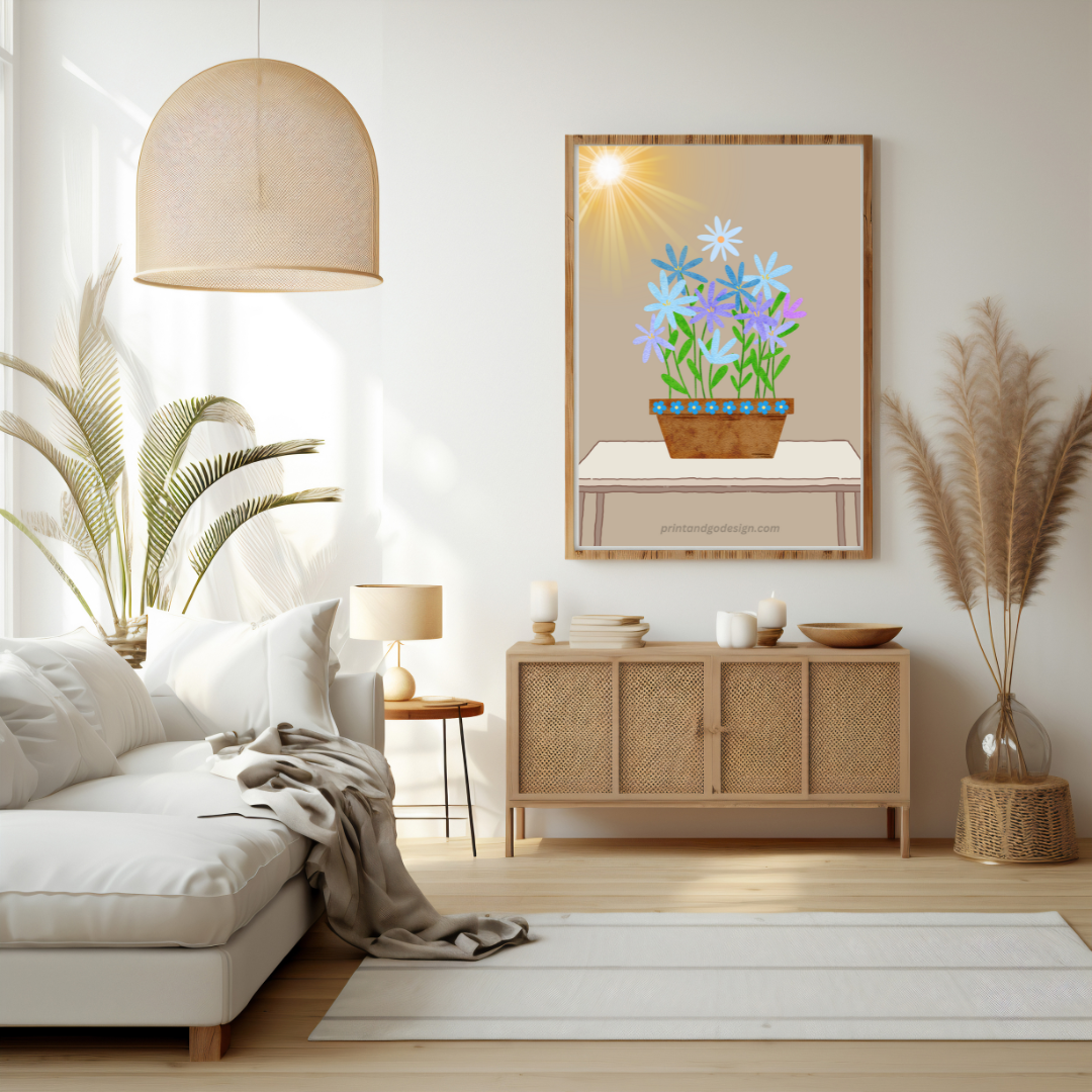 Printable flower wall art in blue beige tones in a pot. Modern print for any room decor.