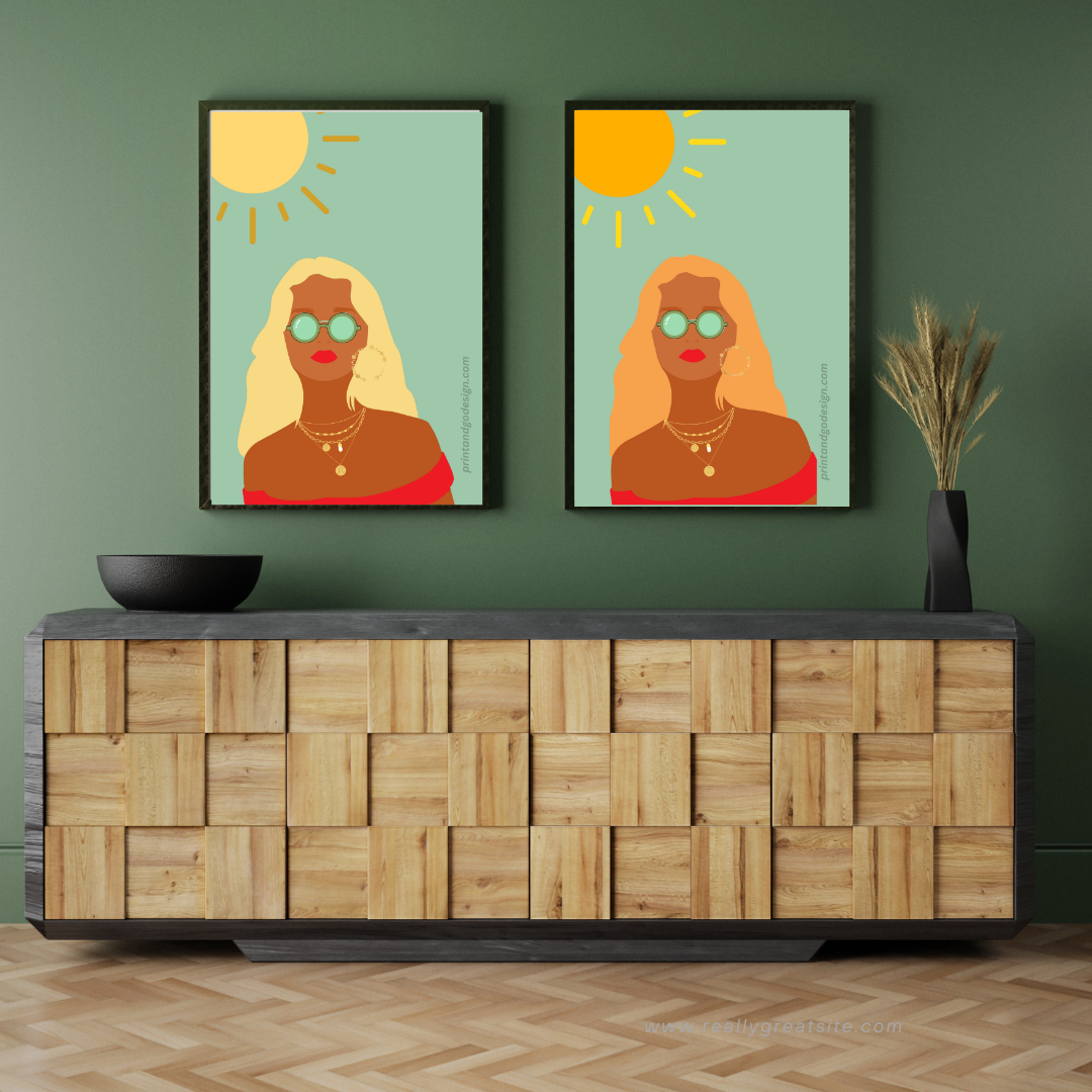 Beautiful Black Woman wall art print in red green tones. Modern print for any room decor