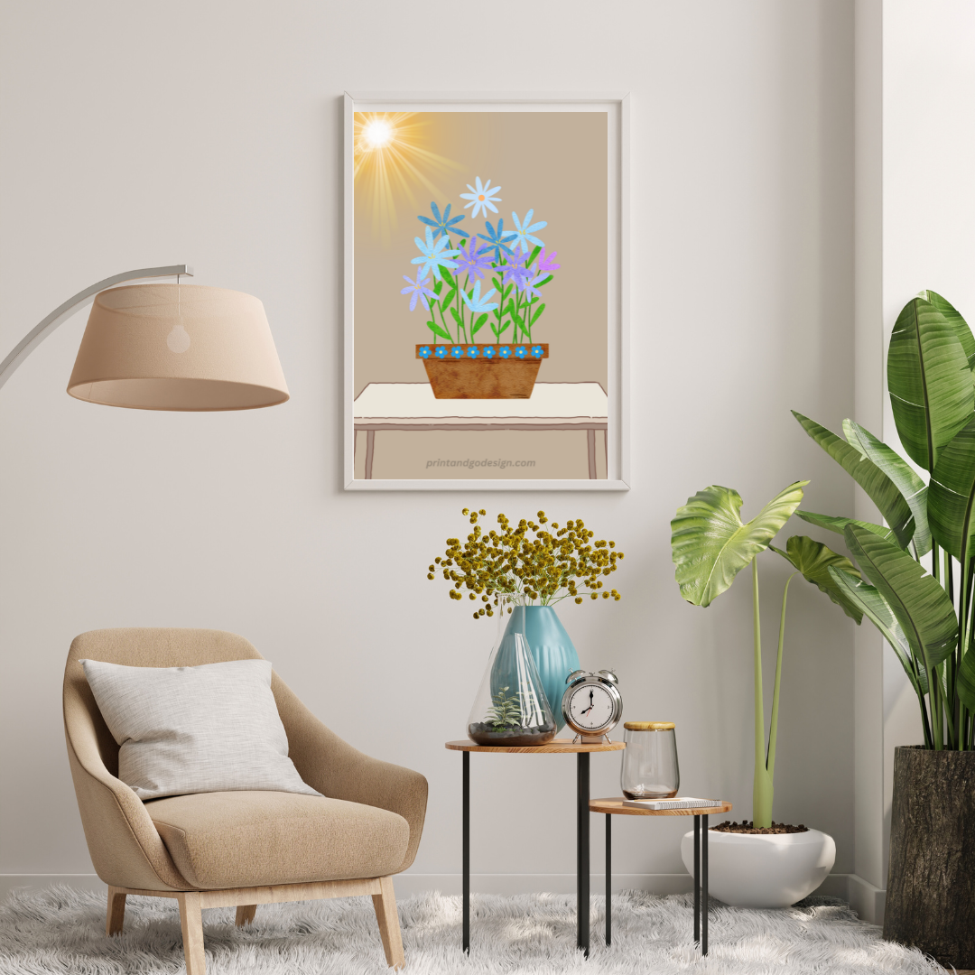 Printable flower wall art in blue beige tones in a pot. Modern print for any room decor.