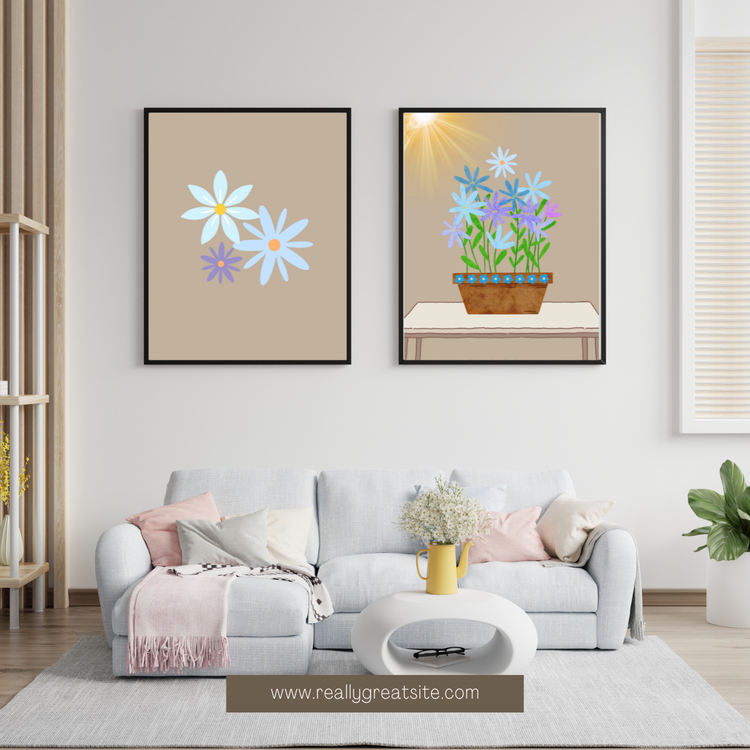 Printable flower wall art in blue beige tones in a pot. Modern print for any room decor.