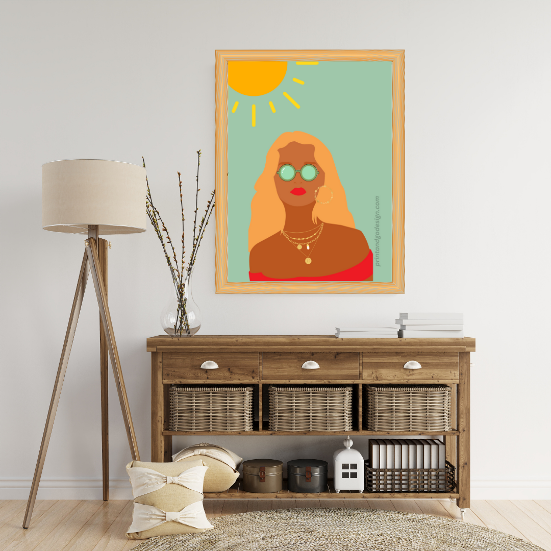 Beautiful Black Woman wall art print in red green tones. Modern print for any room decor