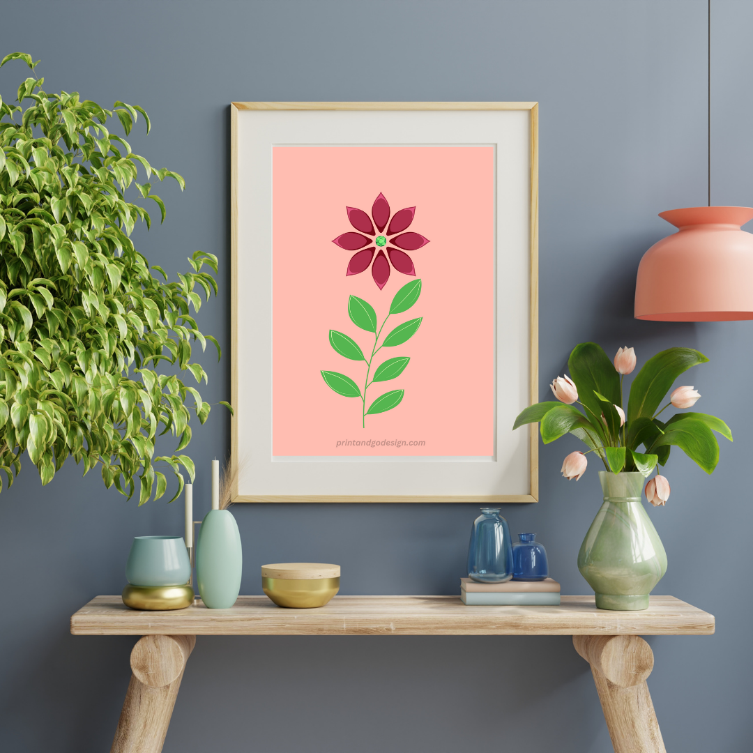 Printable flower wall art in yellow red green tones. Modern print for any room decor.