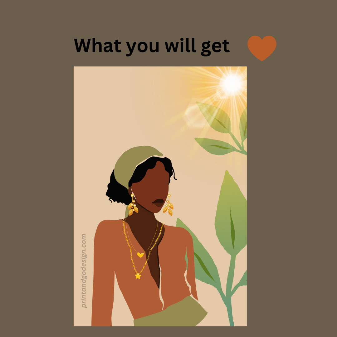 Beautiful Black Woman wall art print in brown green tones. Modern print for any room decor