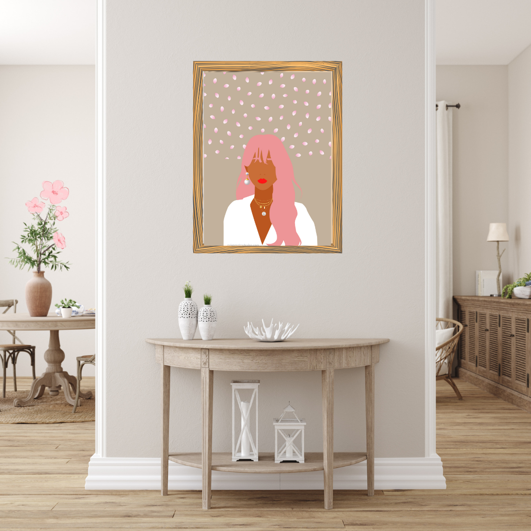 Beautiful Black Woman wall art print in pink beige tones. Modern print for any room decor