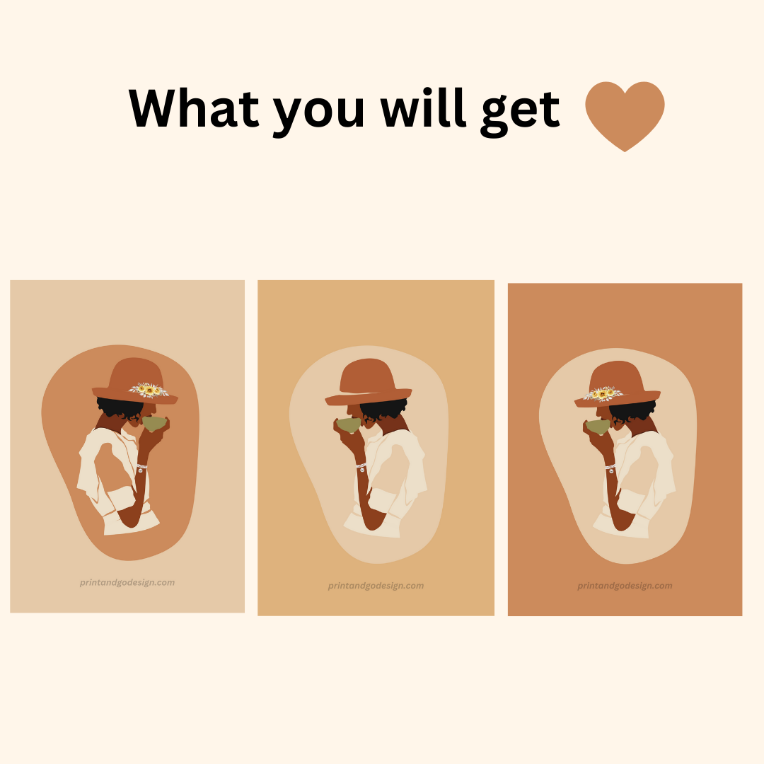 Beautiful Black Woman wall art print - set of 3- in brown beige tones. Modern print for any room decor