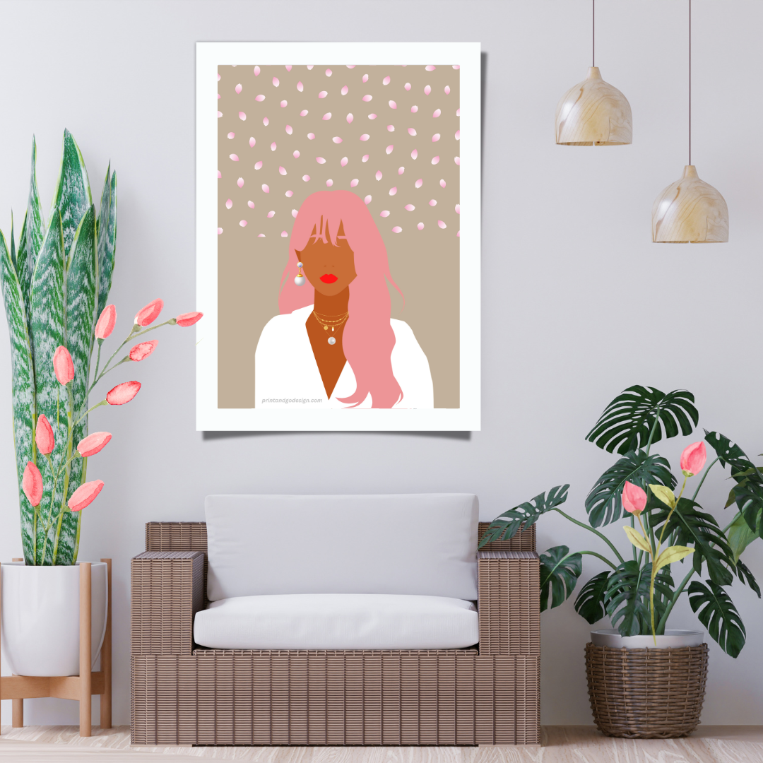 Beautiful Black Woman wall art print in pink beige tones. Modern print for any room decor