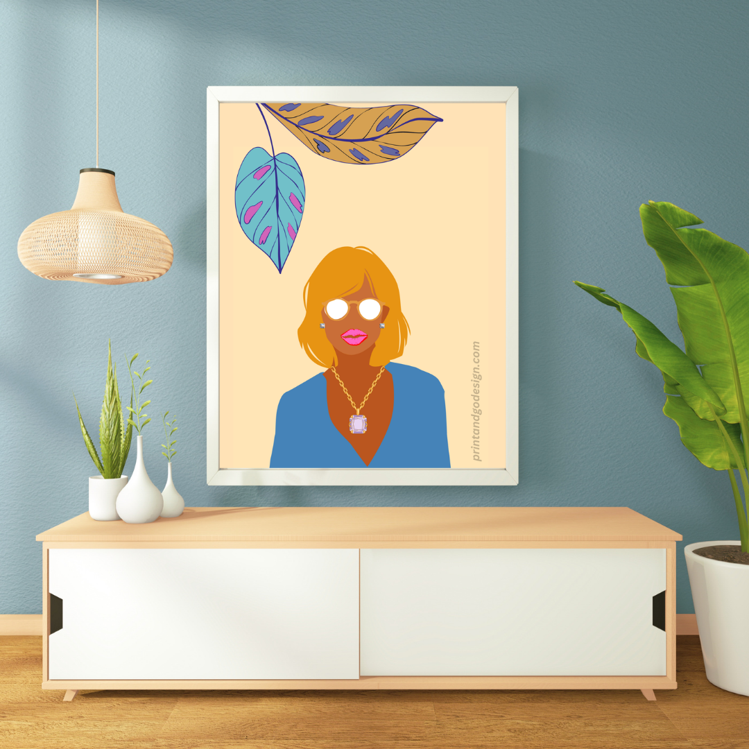 Beautiful Black Woman wall art print - set of three - in blue orange tones. Modern print for any room decor
