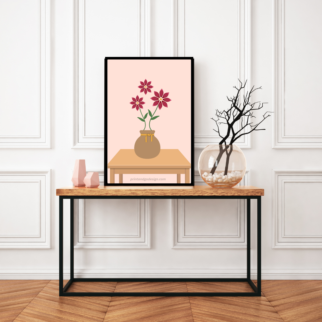 Printable flower wall art in red brown tones in a Vase. Modern print for any room decor.