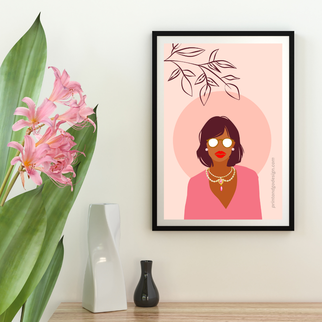 Beautiful Black Woman wall art print - set of 2- in pink beige tones. Modern print for any room decor