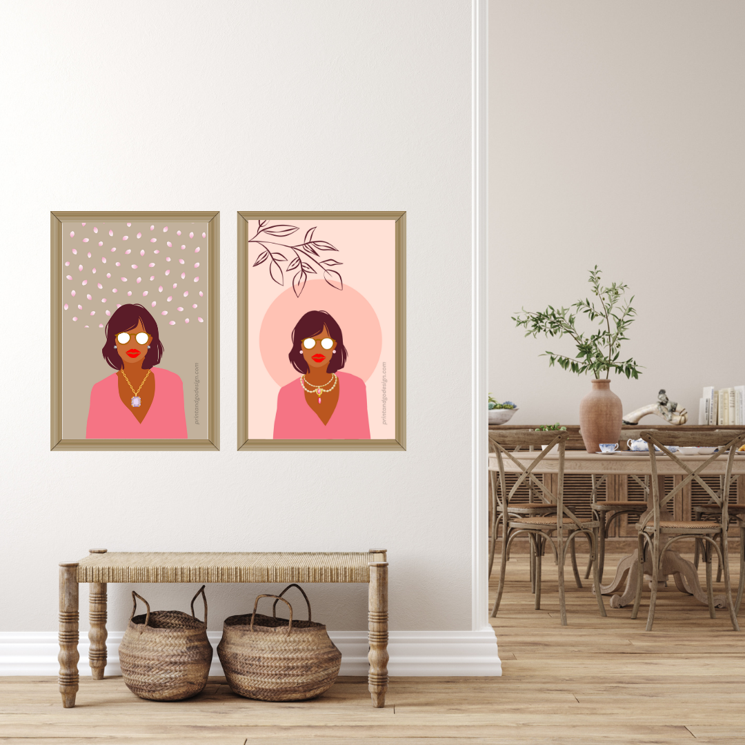 Beautiful Black Woman wall art print - set of 2- in pink beige tones. Modern print for any room decor