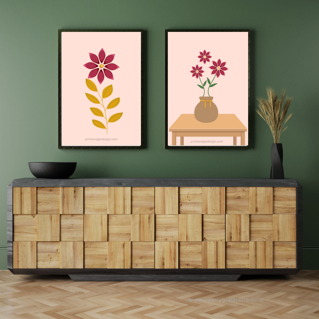 Printable flower wall art in red brown tones in a Vase. Modern print for any room decor.