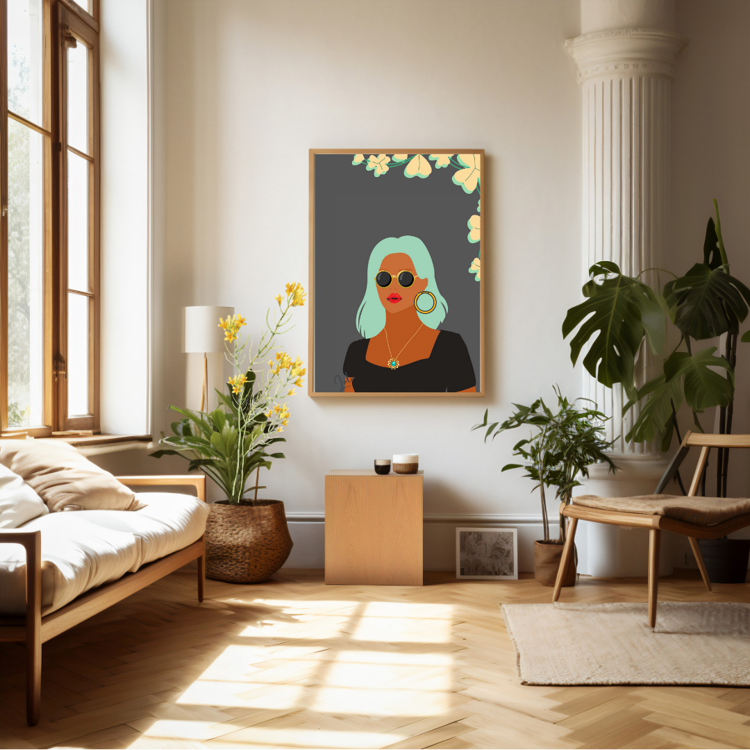 Beautiful Black Woman wall art print - set of 2 - in grey green tones. Modern print for any room decor