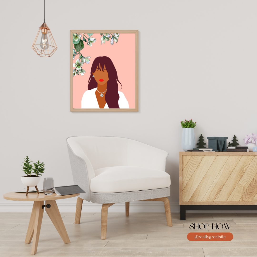 Beautiful Black Woman wall art print in pink white tones. Modern print for any room decor