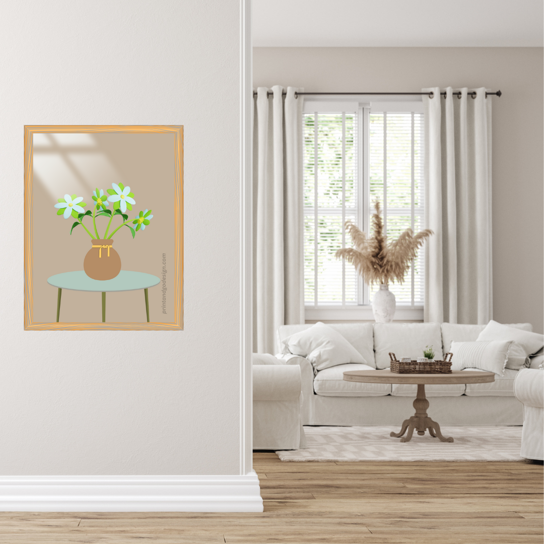 Printable flower wall art in brown green tones in a Vase. Modern print for any room decor.