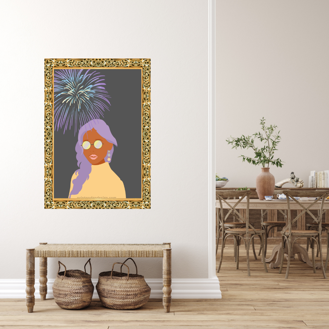 Beautiful Black Woman wall art print in grey yellow tones. Modern print for any room decor