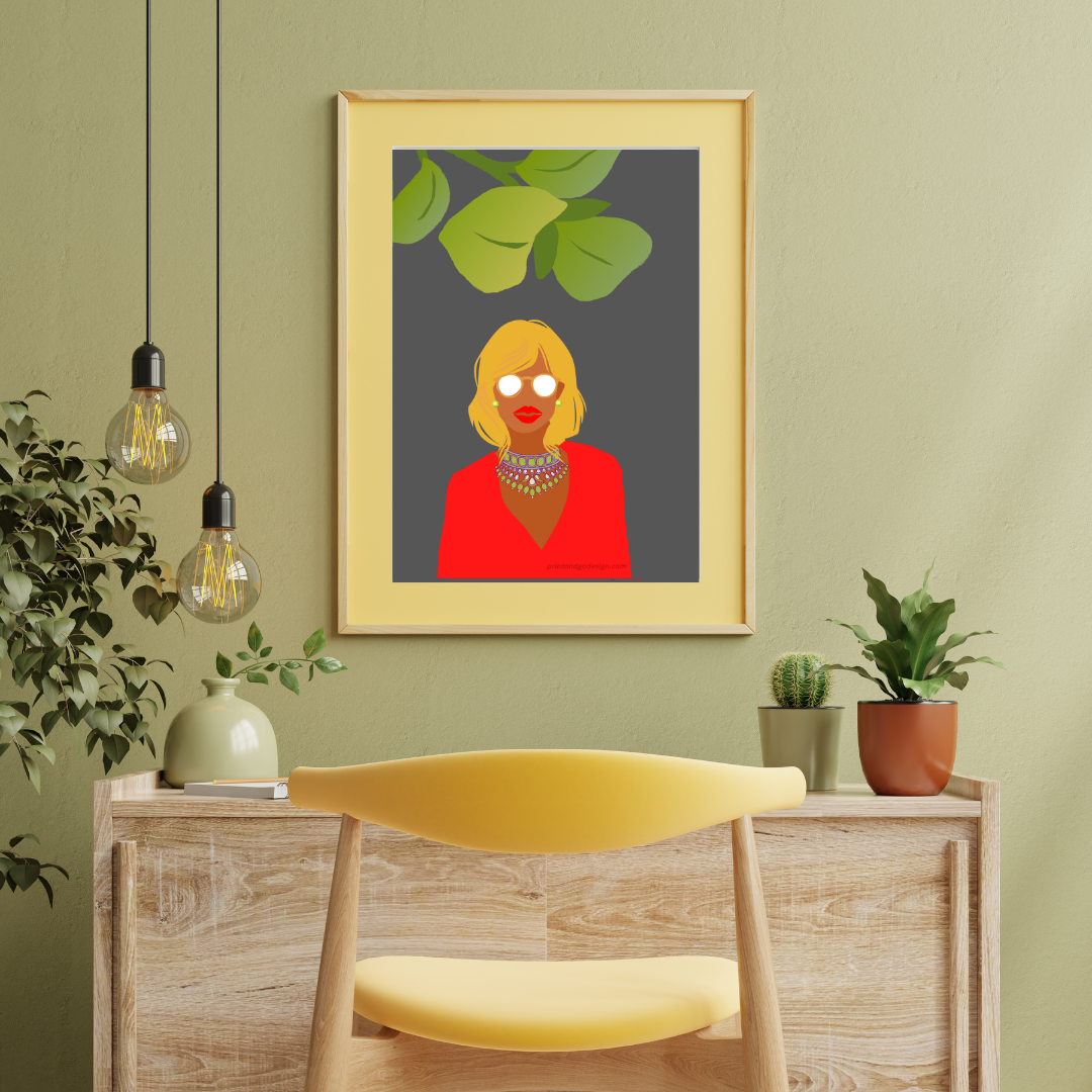 Beautiful Black Woman wall art print in red yellow tones. Modern print for any room decor