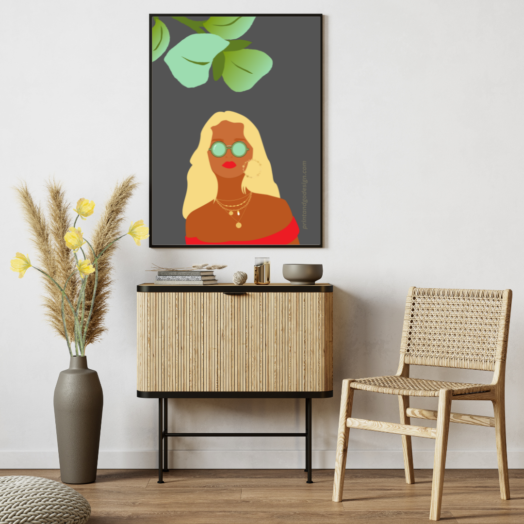 Beautiful Black Woman wall art print in red yellow tones. Modern print for any room decor