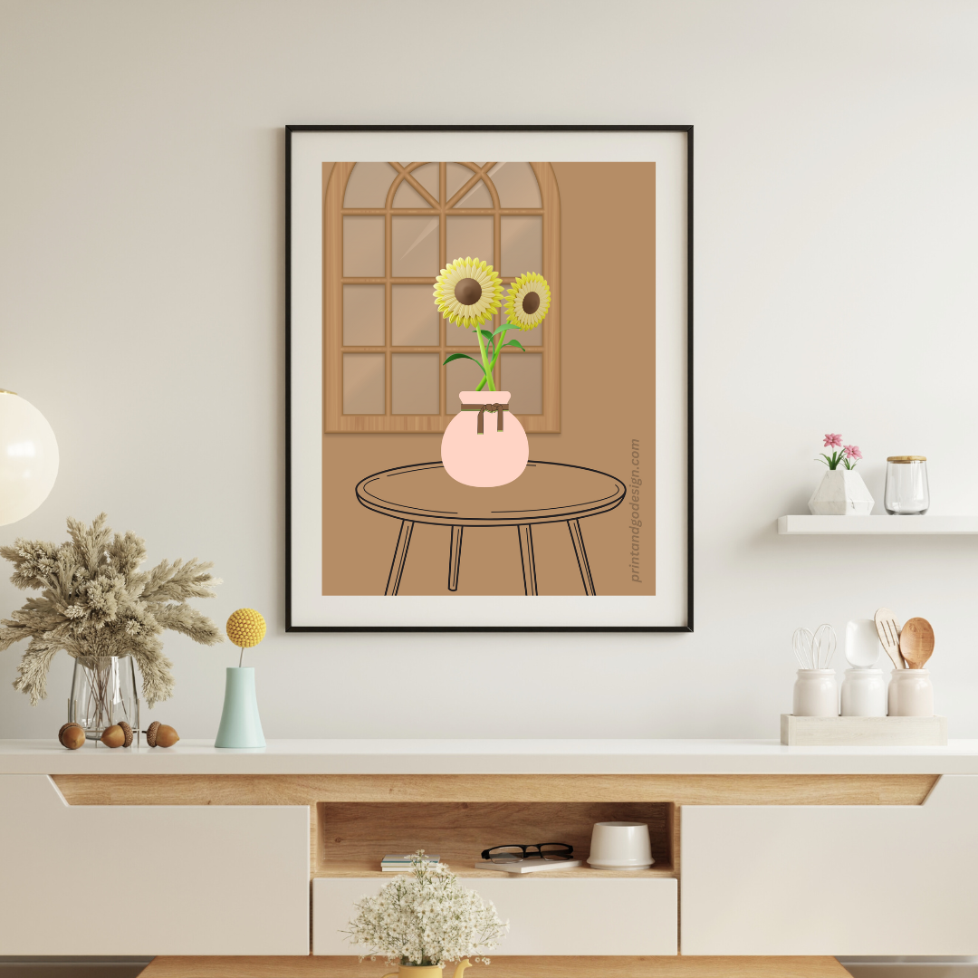 Printable flower wall art in pink beige tones in a pot. Modern print for any room decor.