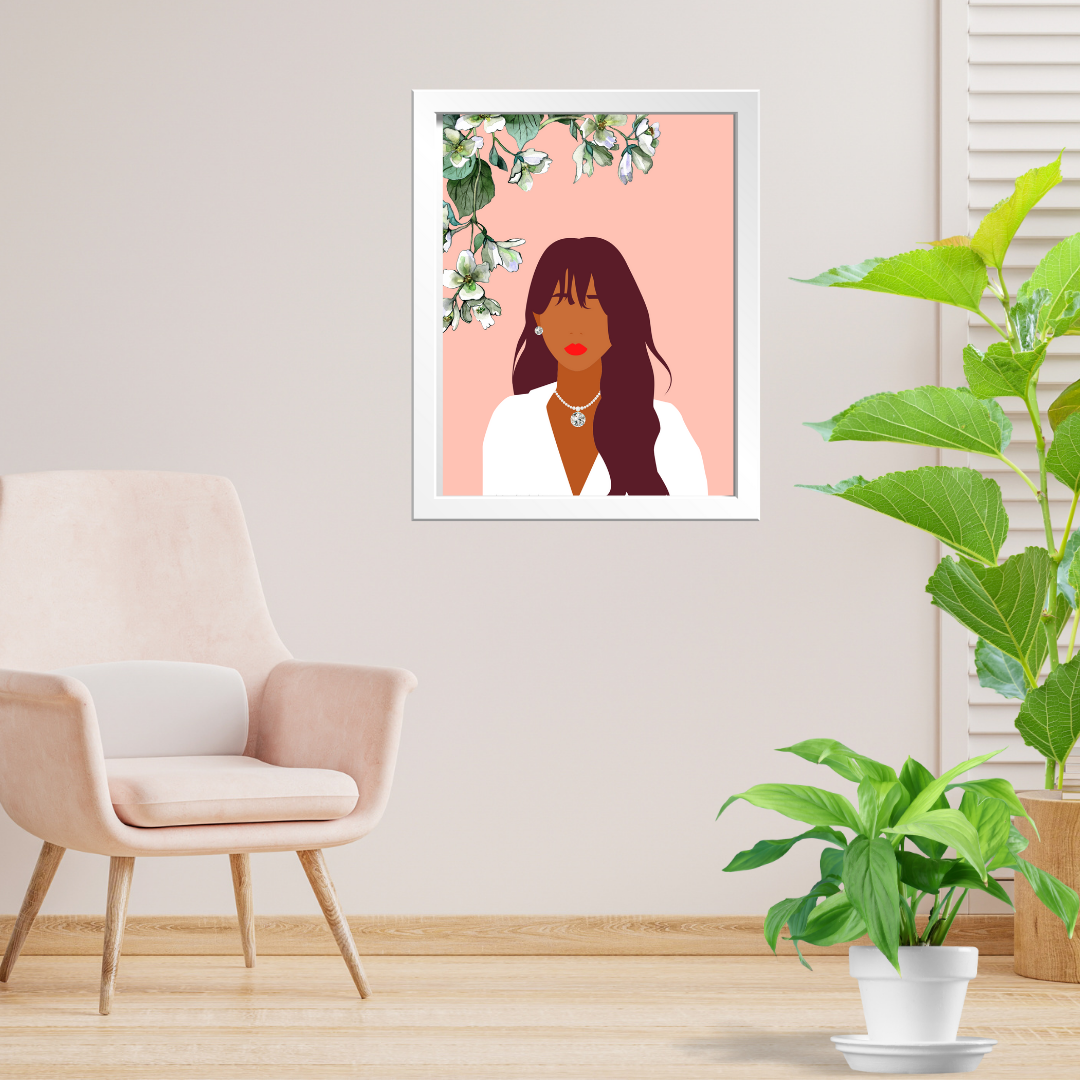 Beautiful Black Woman wall art print in pink white tones. Modern print for any room decor
