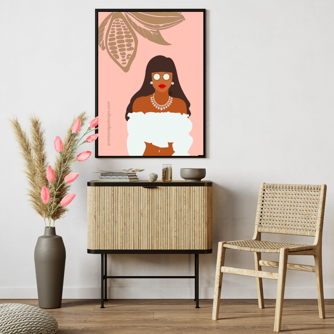Beautiful Black Woman wall art print in pink white tones. Modern print for any room decor