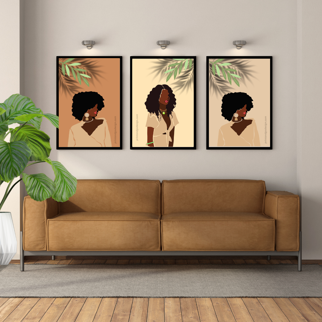 Beautiful Black Woman wall art print- set of 4- in brown beige tones. Modern print for any room decor