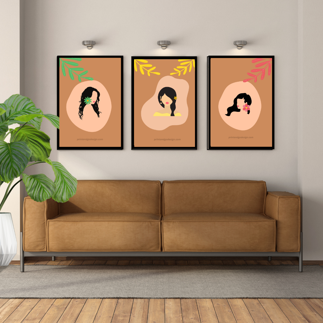 Beautiful Black Woman wall art print- set of 3- in multi tones. Modern print for any room decor