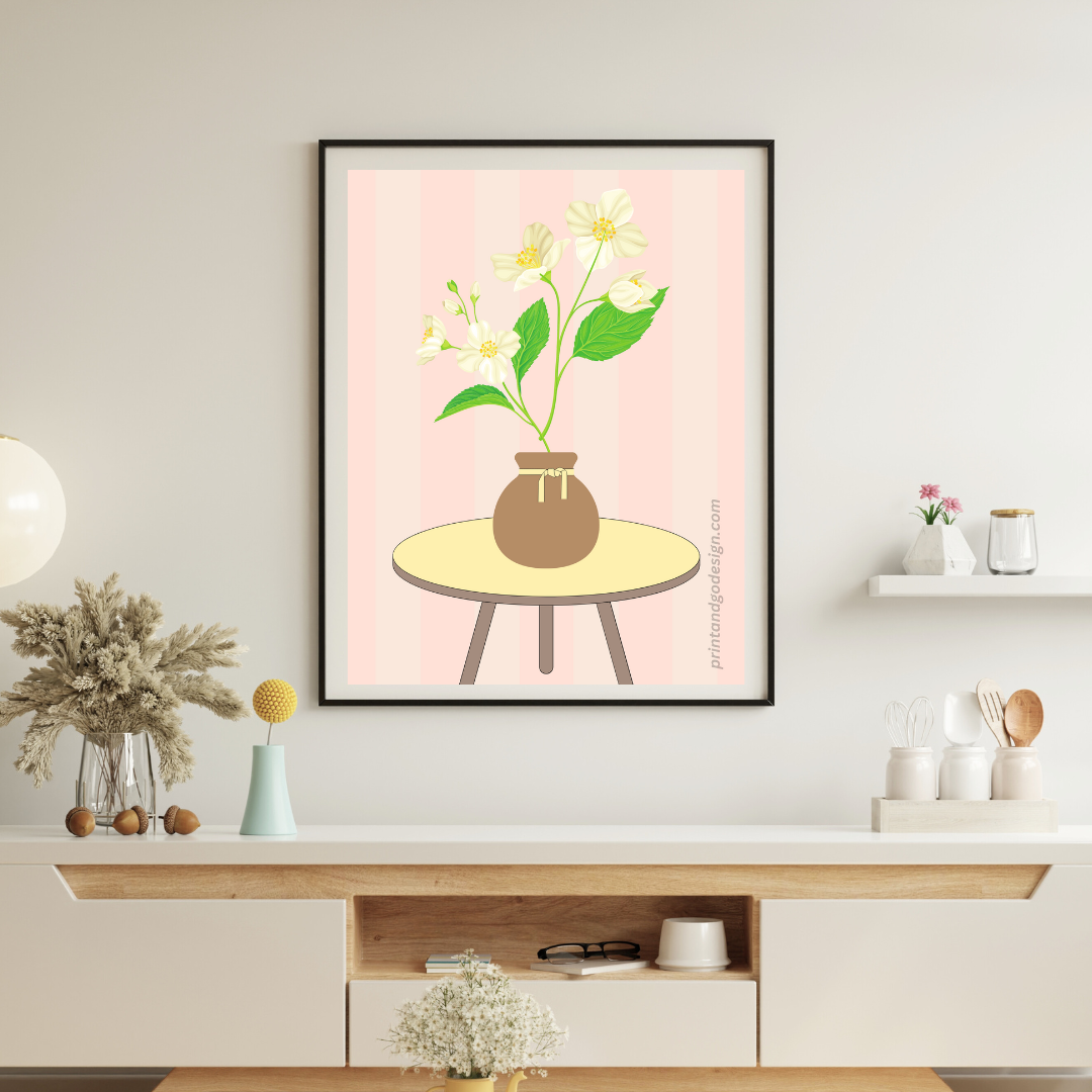 Printable flower wall art in yellow pink tones in a Vase. Modern print for any room decor.