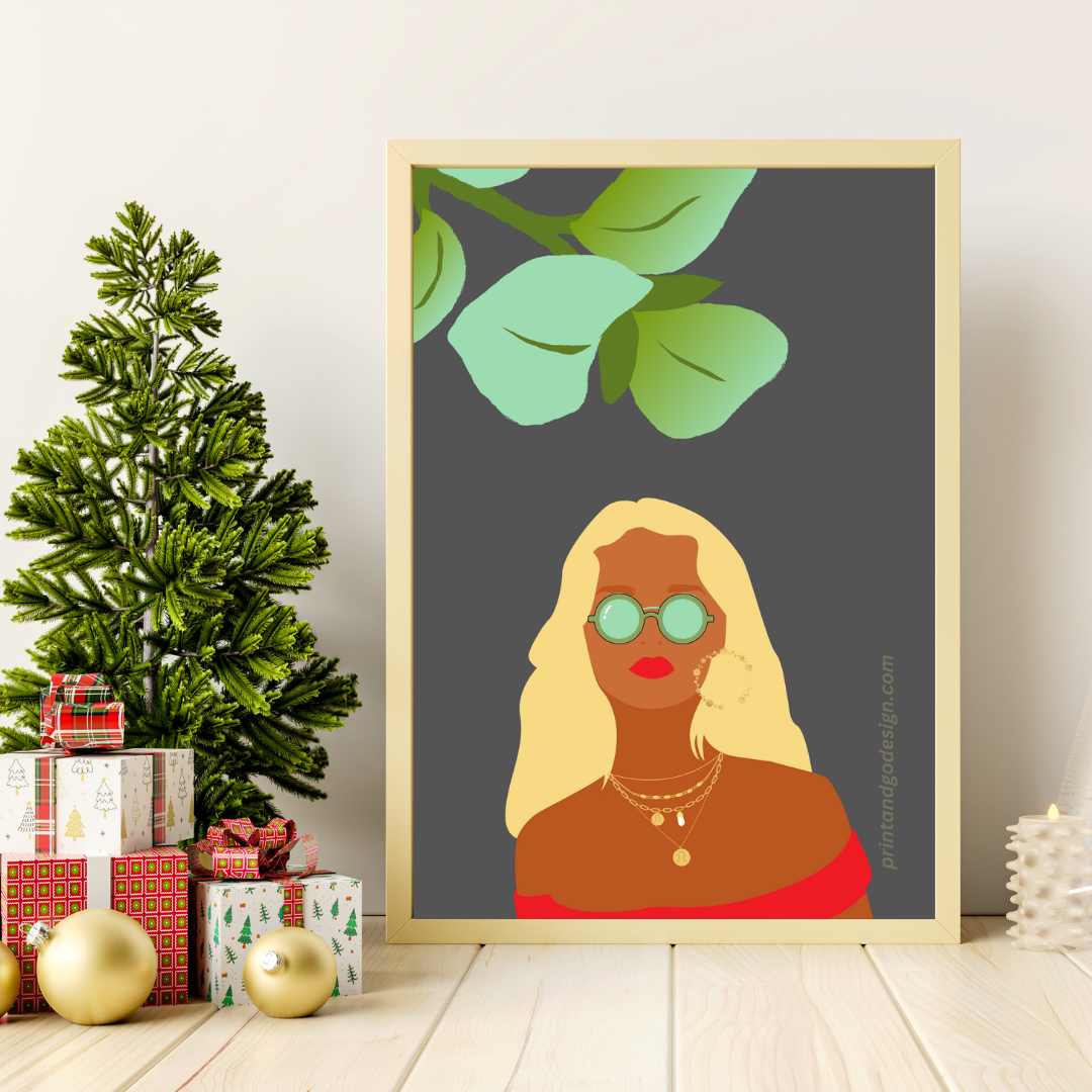 Beautiful Black Woman wall art print in red yellow tones. Modern print for any room decor