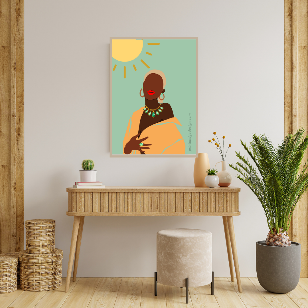Beautiful Black Woman wall art print in green orange tones. Modern print for any room decor