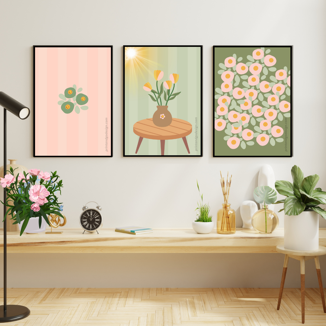 Printable flower wall art in green brown tones in a Vase. Modern print for any room decor.