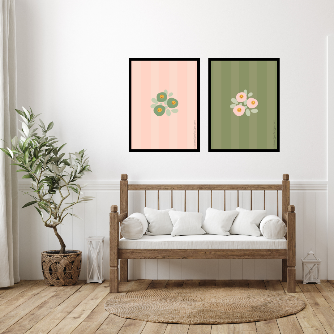 Printable flower wall art in pink green tones. Modern print for any room decor.