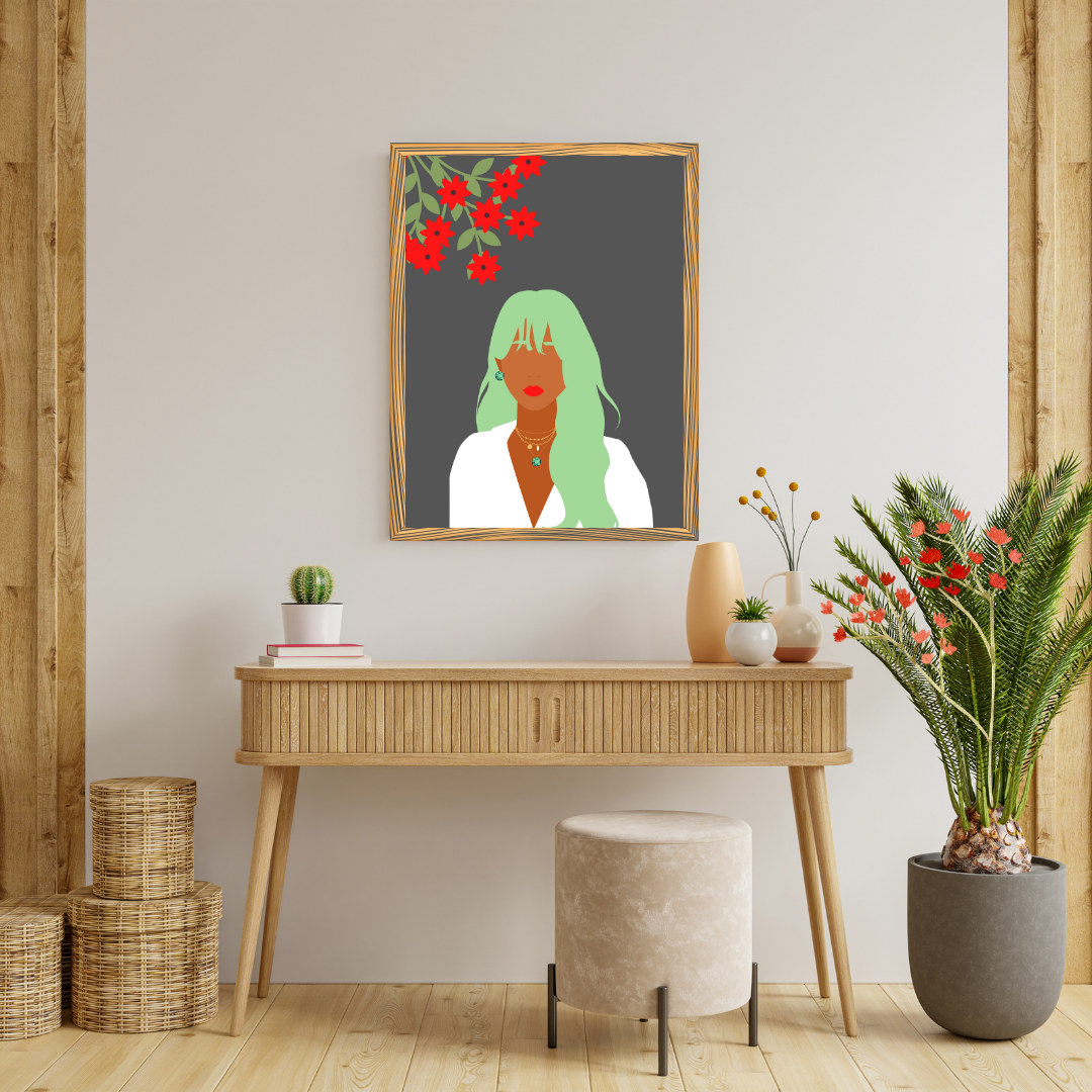Beautiful Black Woman wall art print in white green tones. Modern print for any room decor